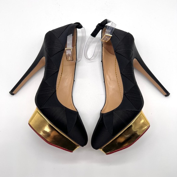 CHARLOTTE OLYMPIA Heels Womens 37 Black Gold Satin Pump Platform Ankle Strap - Picture 5 of 15